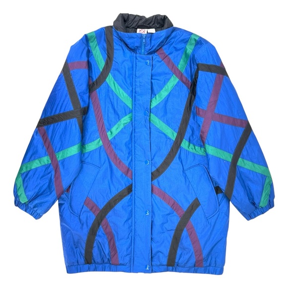 Vintage Jackets & Blazers - Vintage Haband 1980s Blue Geometric Zip Up Padded Nylon Winter Puffer Jacket
